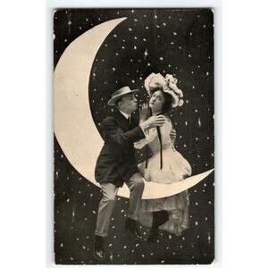 Paper Crescent Moon Postcard 1908 Spooning On The Moon Stars Women Man WGM 170